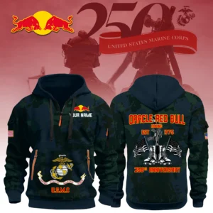 Oracle Red Bull Racing x USMC 250th Anniversary 3D Half Zip Hoodie Custom Your Name