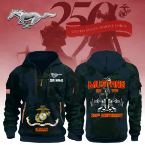 Mustang x USMC 250th Anniversary 3D Half Zip Hoodie Custom Your Name