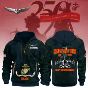 Honda Gold Wing x USMC 250th Anniversary 3D Half Zip Hoodie Custom Your Name