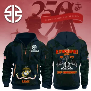 Kawasaki Motors x USMC 250th Anniversary 3D Half Zip Hoodie Custom Your Name