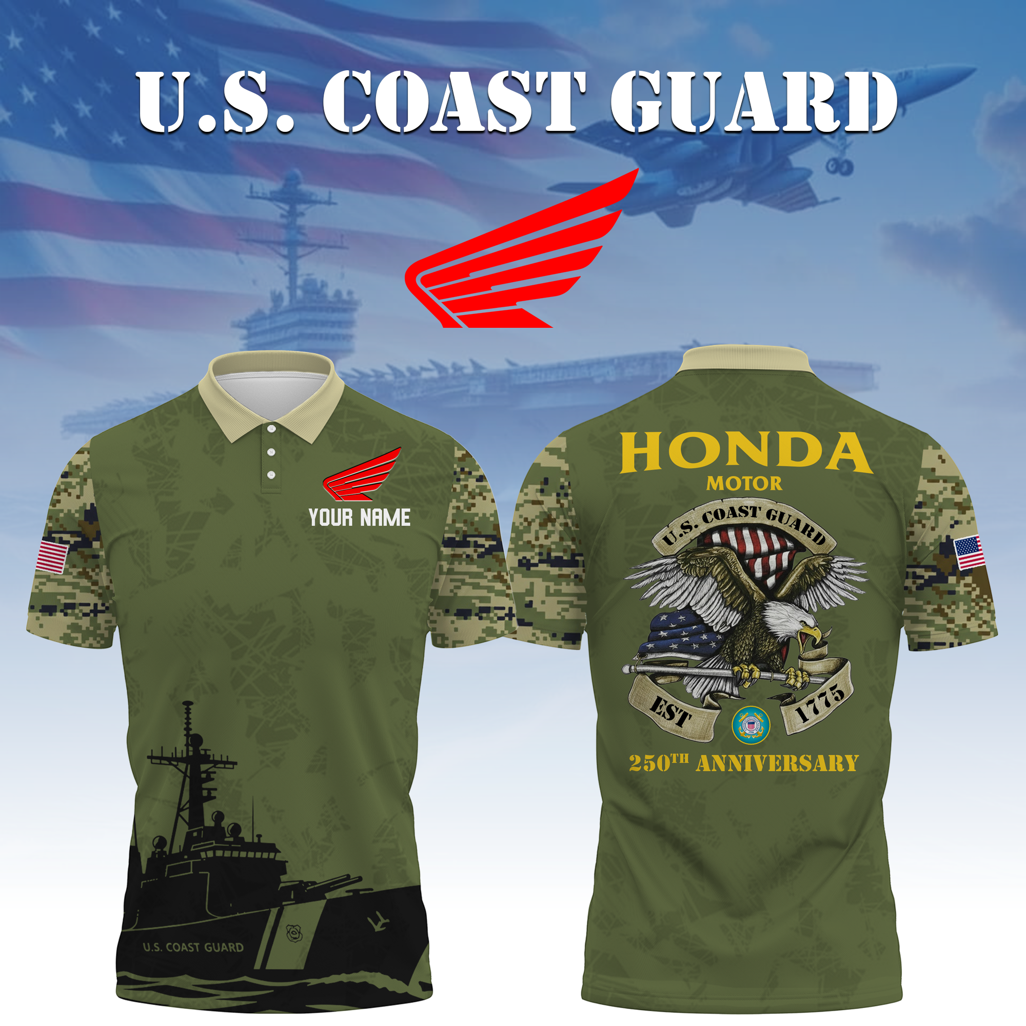 Honda Motor x US Coast Guard 250th Anniversary 3D Polo Shirt Custom Your Name Honda Motor x US Coast Guard 250th Anniversary 3D Polo Shirt Custom Your Name