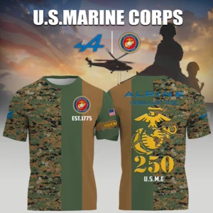 Alpine F1 Team Racing x USMC Marine Corps 250th Birthday 3D T-Shirt Limited 2026 Custom Your Name
