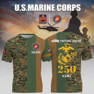 Red Bull KTM Factory Racing x USMC Marine Corps 250th Birthday 3D T-Shirt Limited 2026 Custom Your Name