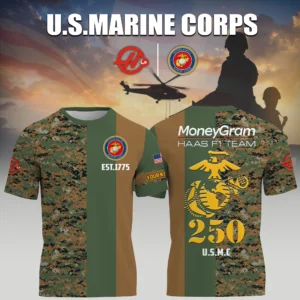 MoneyGram Haas F1 Team Racing x USMC Marine Corps 250th Birthday 3D T-Shirt Limited 2026 Custom Your Name