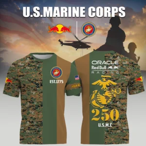 Oracle Red Bull Racing x USMC Marine Corps 250th Birthday 3D T-Shirt Limited 2026 Custom Your Name