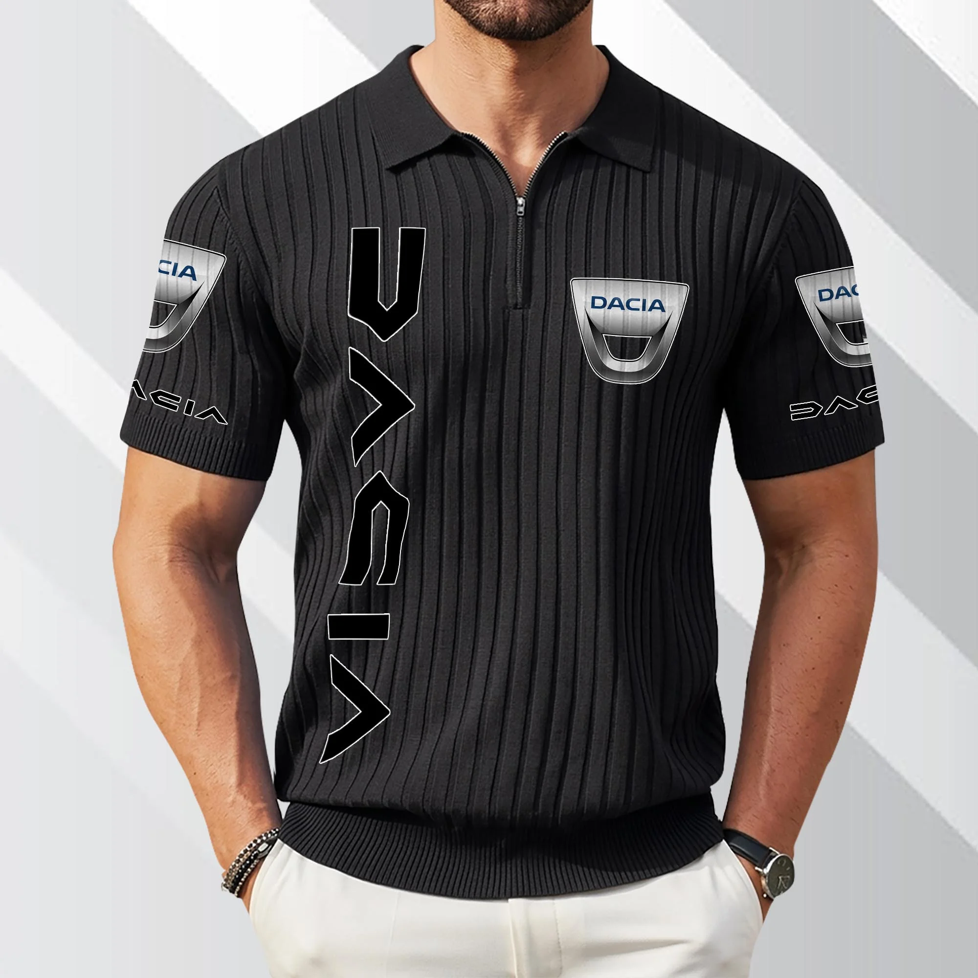 Automobile Dacia Exclusive Logo Polo Shirt Quarter Zip Short-Sleeve Ribbed Knit Limited Edition Automobile Dacia Exclusive Logo Polo Shirt Quarter Zip Short-Sleeve Ribbed Knit Limited Edition