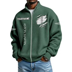 Aston Martin Racing Full Zip Hoodie Waffle Knit Stand Collar Sweatshirt Limited Customize Name