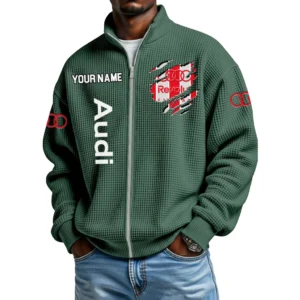 Audi Sport Racing Full Zip Hoodie Waffle Knit Stand Collar Sweatshirt Limited Customize Name
