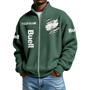 Buell Motorcycles Full Zip Hoodie Waffle Knit Stand Collar Sweatshirt Limited Customize Name
