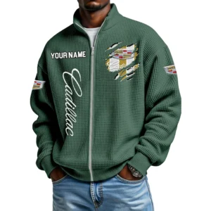Cadillac Full Zip Hoodie Waffle Knit Stand Collar Sweatshirt Limited Customize Name