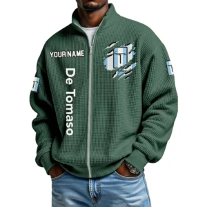 De Tomaso Lux Car Full Zip Hoodie Waffle Knit Stand Collar Sweatshirt Limited Customize Name