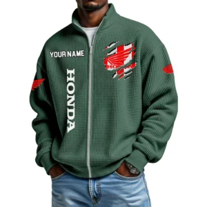 Honda Motorcycles Full Zip Hoodie Waffle Knit Stand Collar Sweatshirt Limited Customize Name