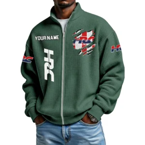 HRC Honda Racing Full Zip Hoodie Waffle Knit Stand Collar Sweatshirt Limited Customize Name