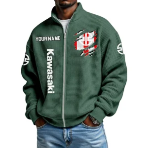 Kawasaki Motorcycles Full Zip Hoodie Waffle Knit Stand Collar Sweatshirt Limited Customize Name