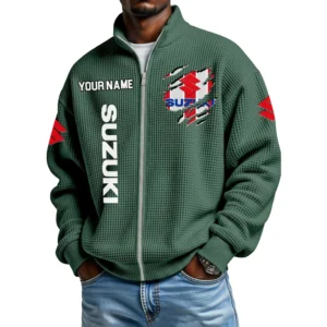 Suzuki Motorcycles Full Zip Hoodie Waffle Knit Stand Collar Sweatshirt Limited Customize Name