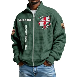 Porsche Motorsport Racing Full Zip Hoodie Waffle Knit Stand Collar Sweatshirt Limited Customize Name