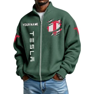 Tesla Full Zip Hoodie Waffle Knit Stand Collar Sweatshirt Limited Customize Name
