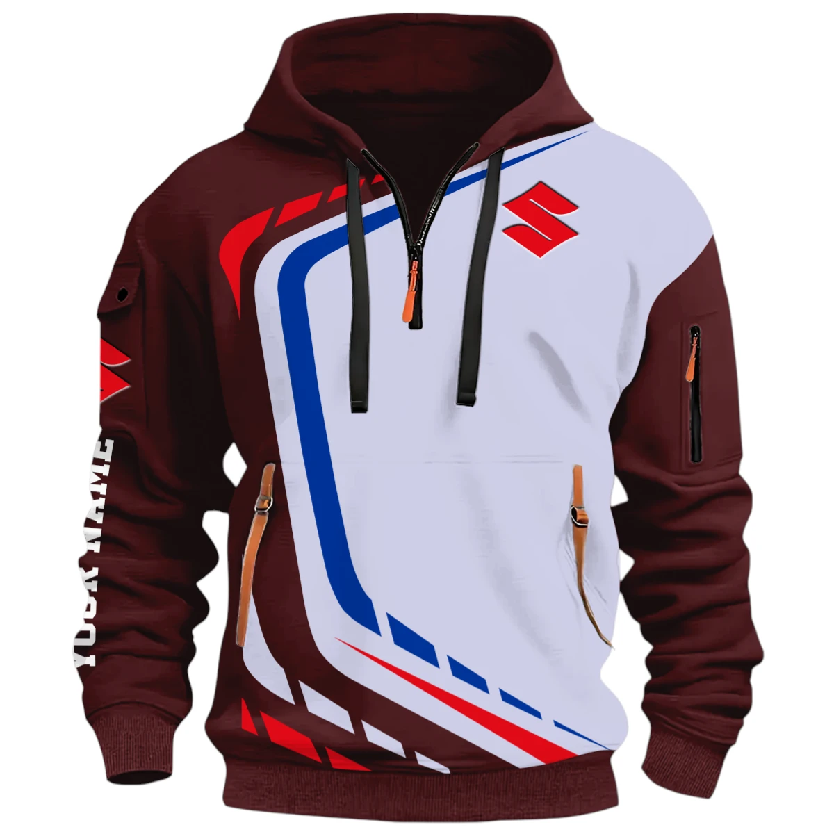 All-Terrain Vehicles Half Zip Hoodie, Casual Hoodie Multi Pocket PTNY26QZ3H183 - Red Wine