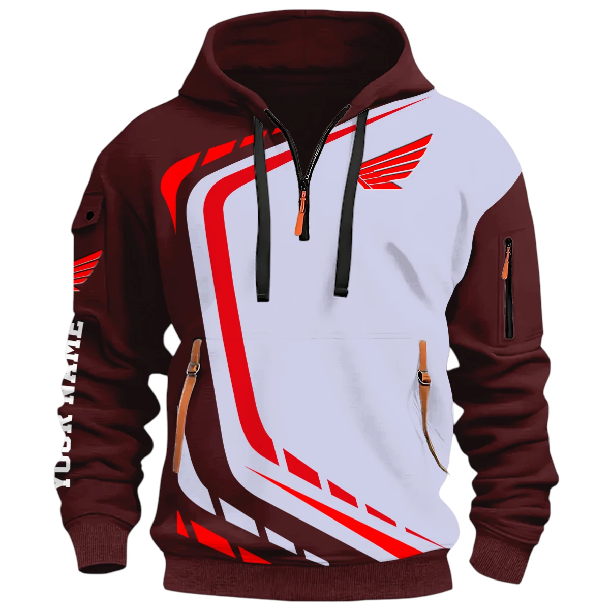 Classic Motor Half Zip Hoodie, Casual Hoodie Multi Pocket PTNY26QZ3H160 - Red Wine