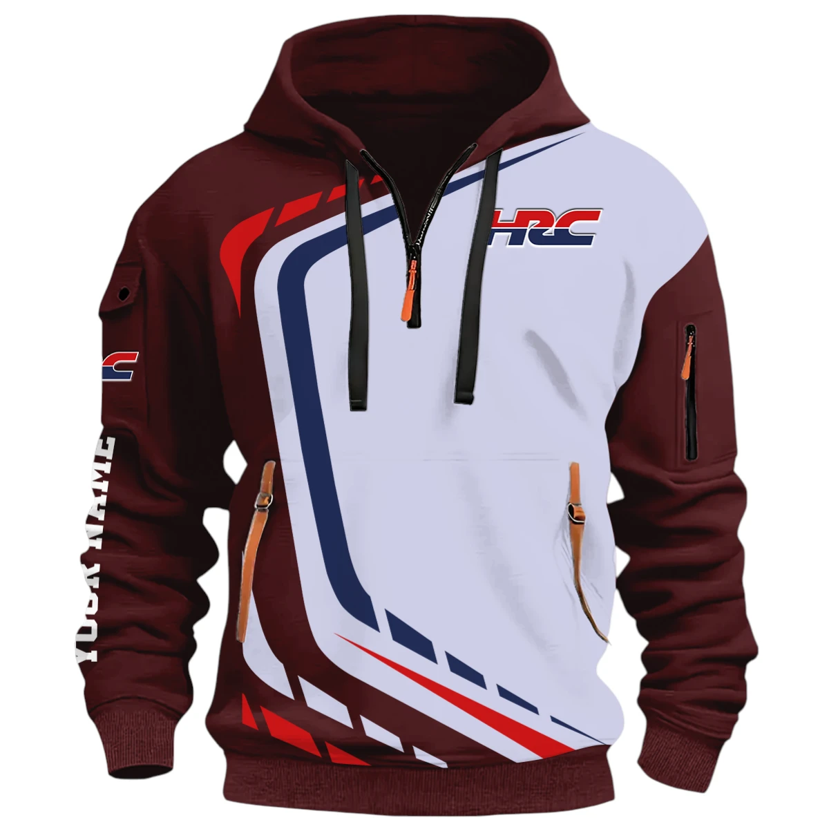 Motocross Half Zip Hoodie, Casual Hoodie Multi Pocket PTNY26QZ3H041 - Red Wine