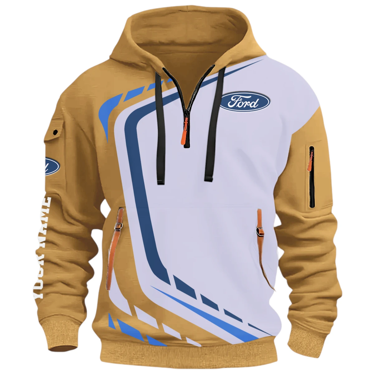 Off Road Car Half Zip Hoodie, Casual Hoodie Multi Pocket PTNY26QZ3H005 - Khaki