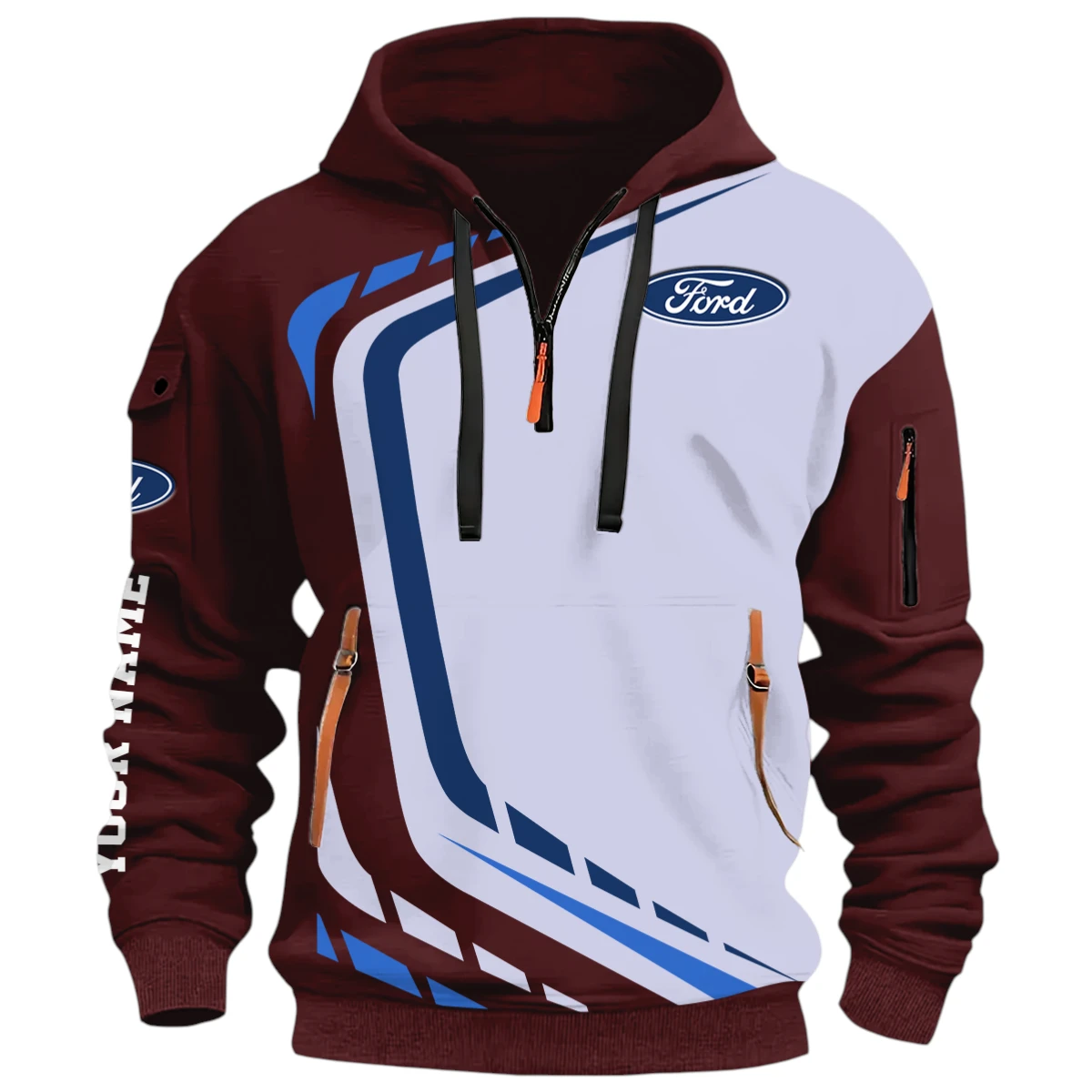 Off Road Car Half Zip Hoodie, Casual Hoodie Multi Pocket PTNY26QZ3H049 - Red Wine