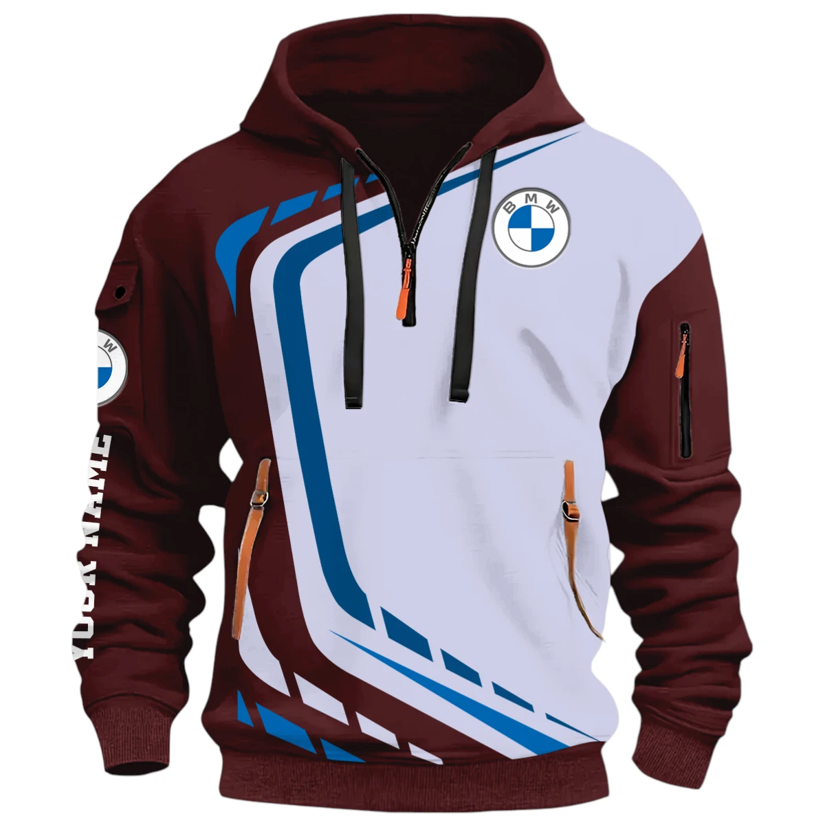 Off-Road Sedan Half Zip Hoodie, Casual Hoodie Multi Pocket PTNY26QZ3H045 - Red Wine