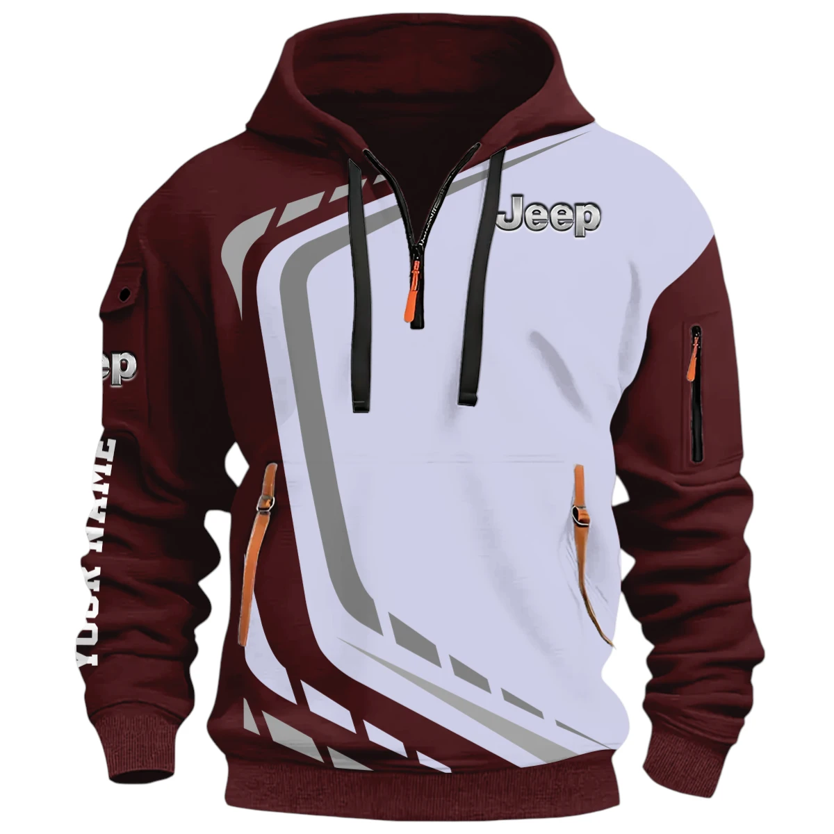 Off-Road Vehicle Half Zip Hoodie, Casual Hoodie Multi Pocket PTNY26QZ3H007 - Red Wine