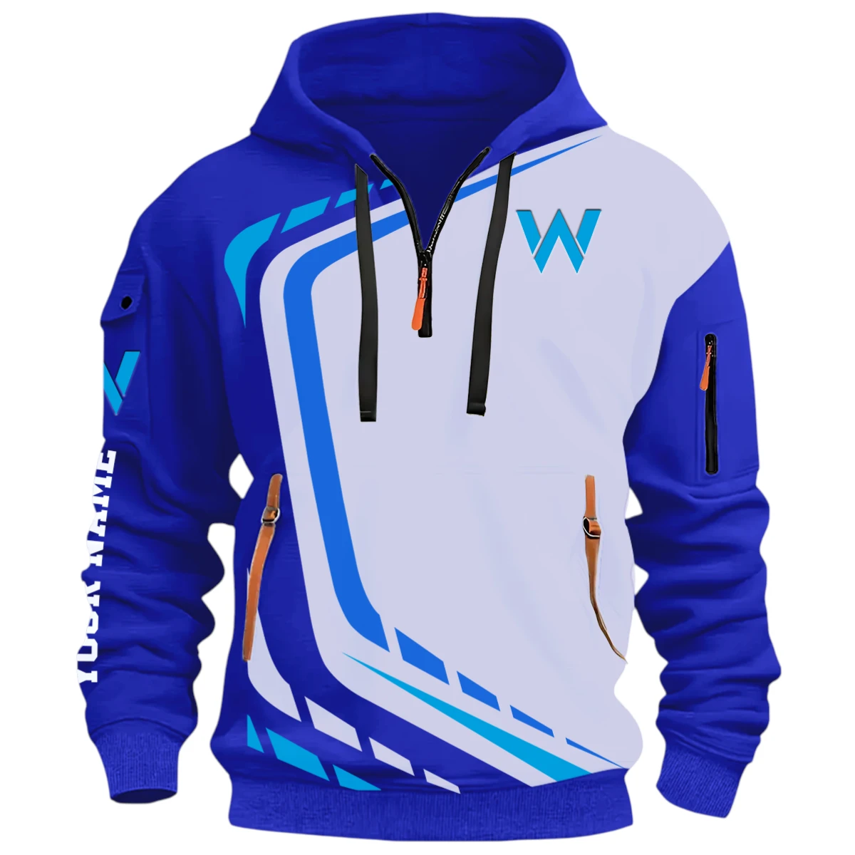 Retro Car Half Zip Hoodie, Casual Hoodie Multi Pocket PTNY26QZ3H106 - Blue