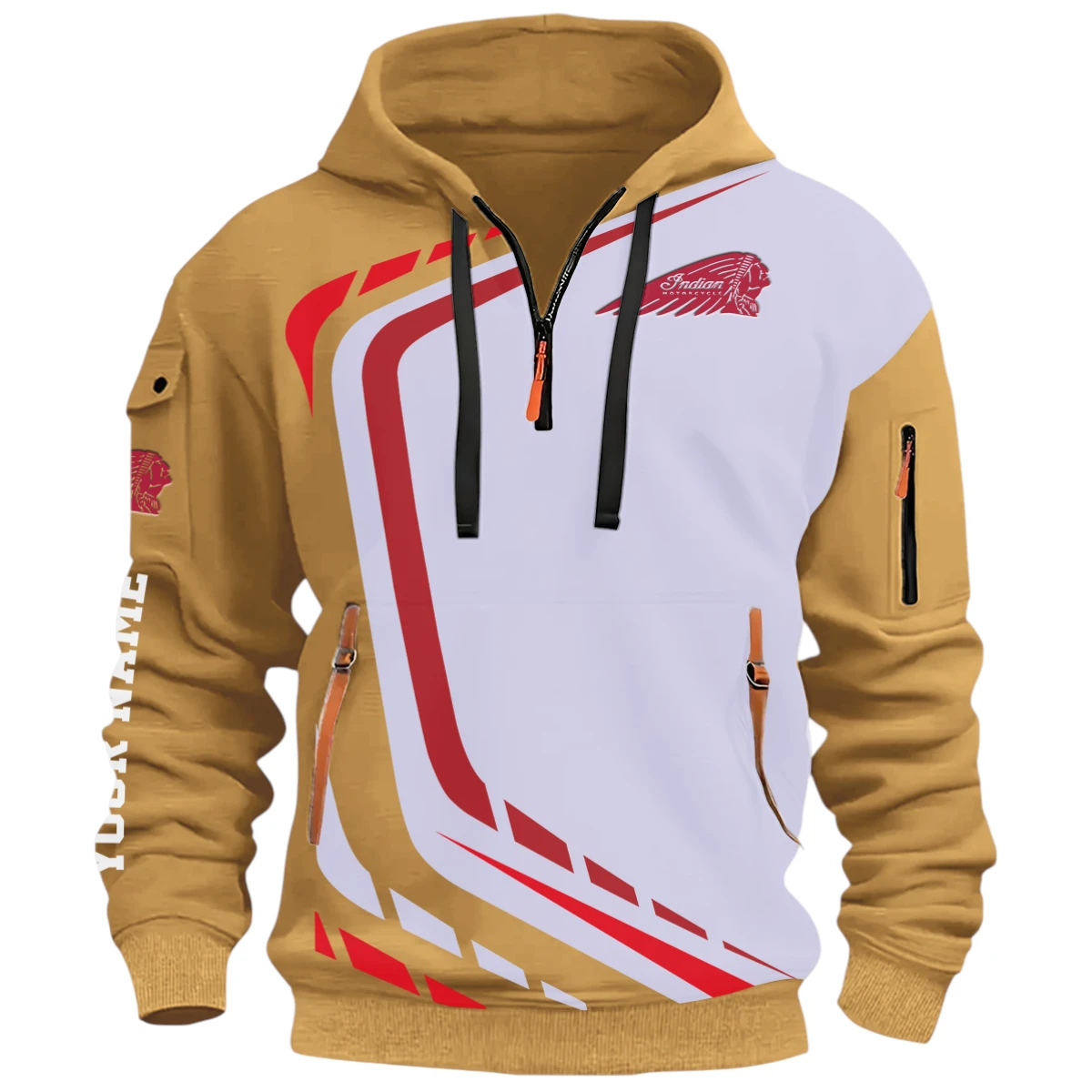 Sport Motorcycle Half Zip Hoodie, Casual Hoodie Multi Pocket PTNY26QZ3H169 - Khaki