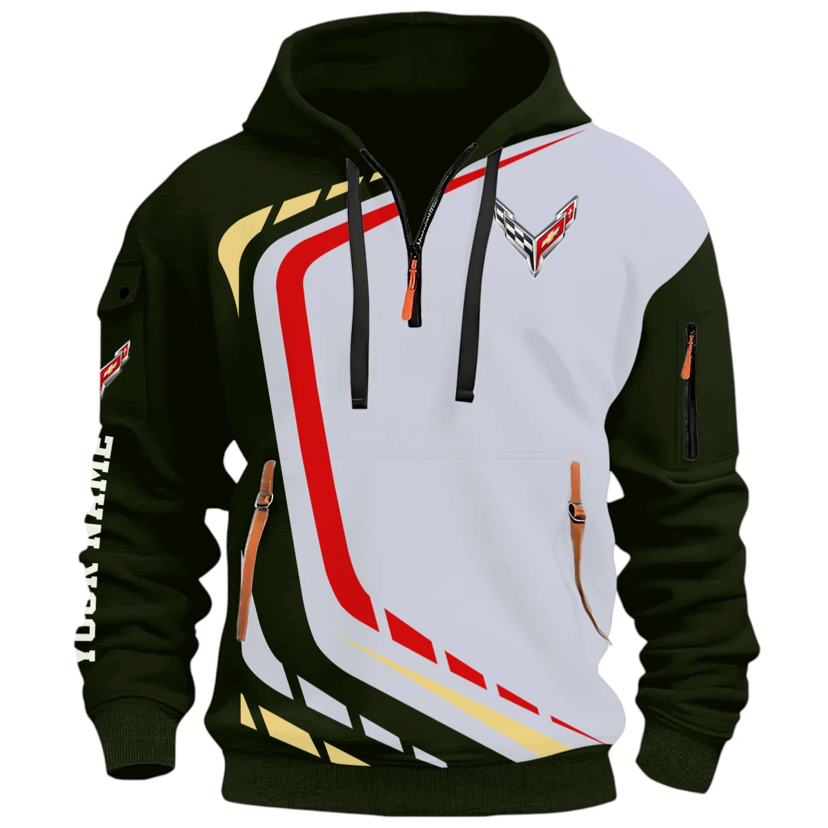 Sports Vehicle Half Zip Hoodie, Casual Hoodie Multi Pocket PTNY26QZ3H004 - Green