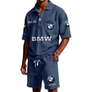 BMW Men's Waffle Knit Polo Shorts Set Customize Name