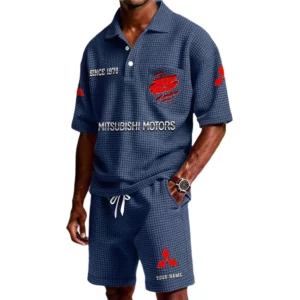Mitsubishi Men's Waffle Knit Polo Shorts Set Customize Name