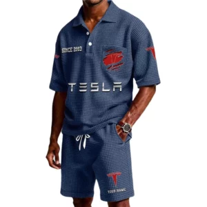 Tesla Men's Waffle Knit Polo Shorts Set Customize Name