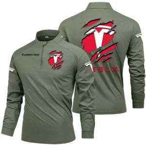 Tesla Men's Stand Collar Quarter Zip Long Sleeve Shirt Customize Name