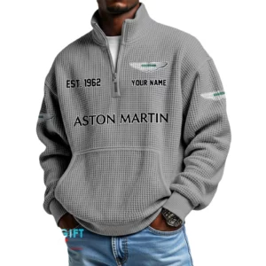 Aston Martin Men’s Quarter Zip Waffle Knit Pullover Sweatshirt Customize Name