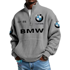 BMW Men’s Quarter Zip Waffle Knit Pullover Sweatshirt Customize Name