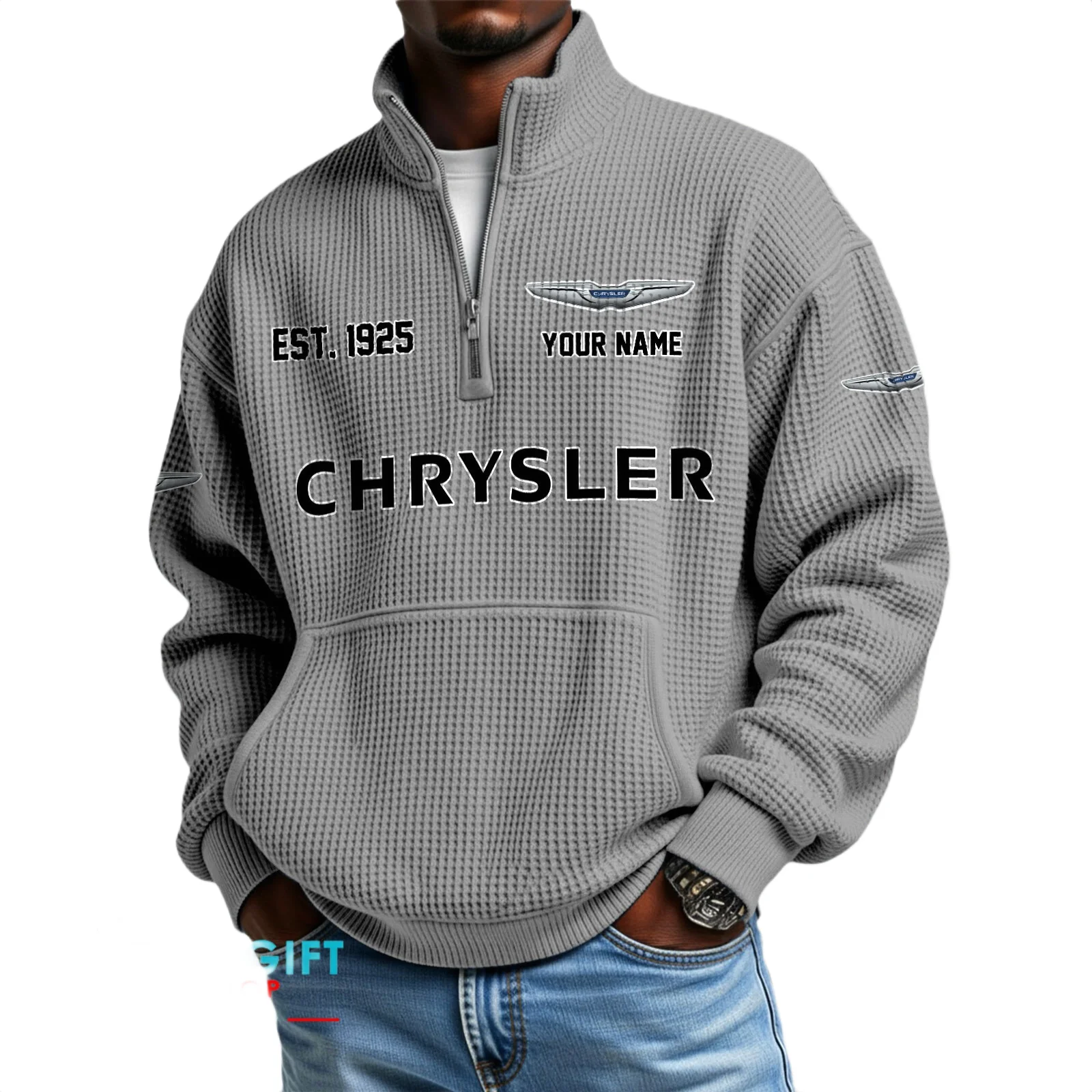 Chrysler Men’s Quarter Zip Waffle Knit Pullover Sweatshirt Customize Name Chrysler Men’s Quarter Zip Waffle Knit Pullover Sweatshirt Customize Name