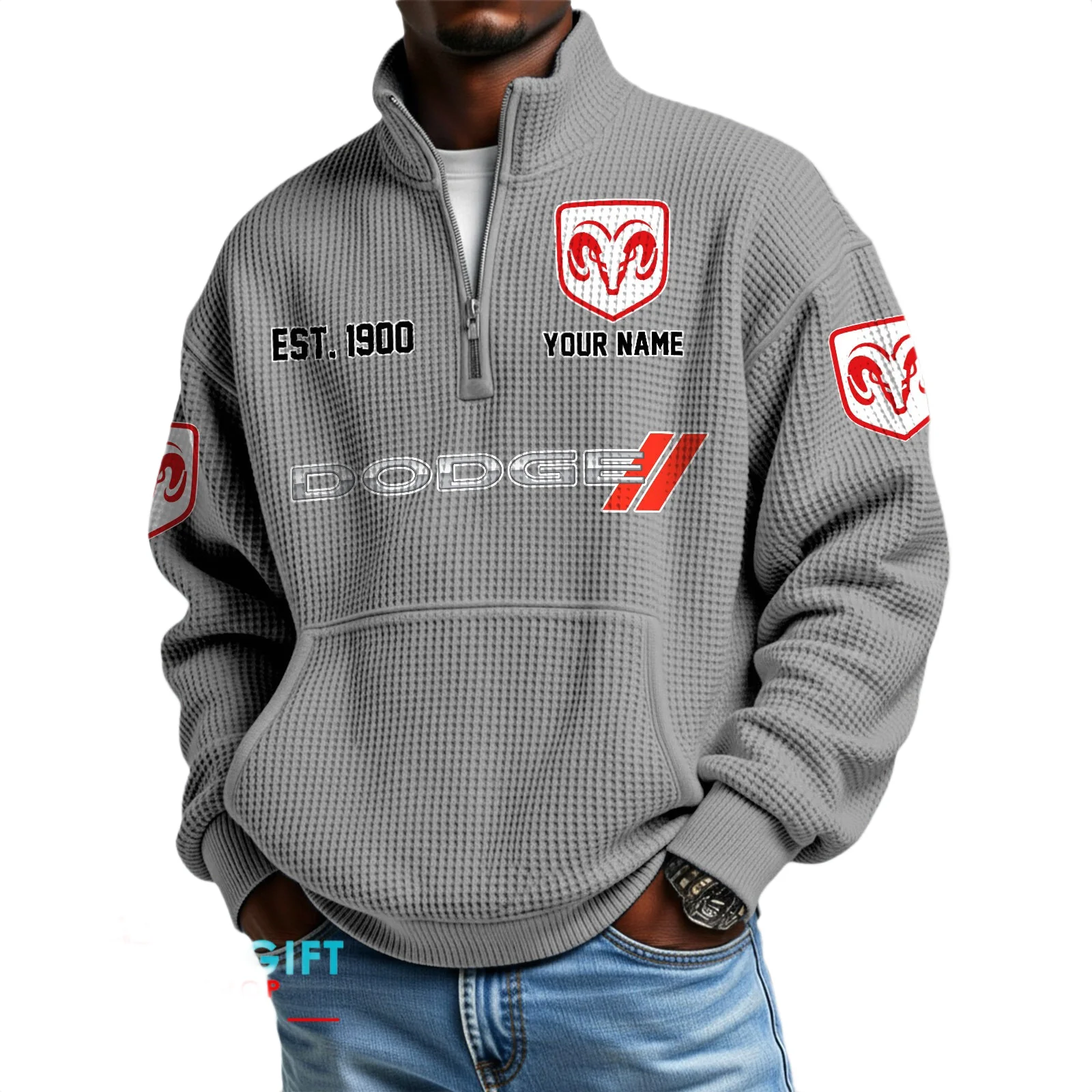 Dodge Men’s Quarter Zip Waffle Knit Pullover Sweatshirt Customize Name Dodge Men’s Quarter Zip Waffle Knit Pullover Sweatshirt Customize Name