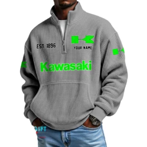 Kawasaki Motorcycles Men’s Quarter Zip Waffle Knit Pullover Sweatshirt Customize Name
