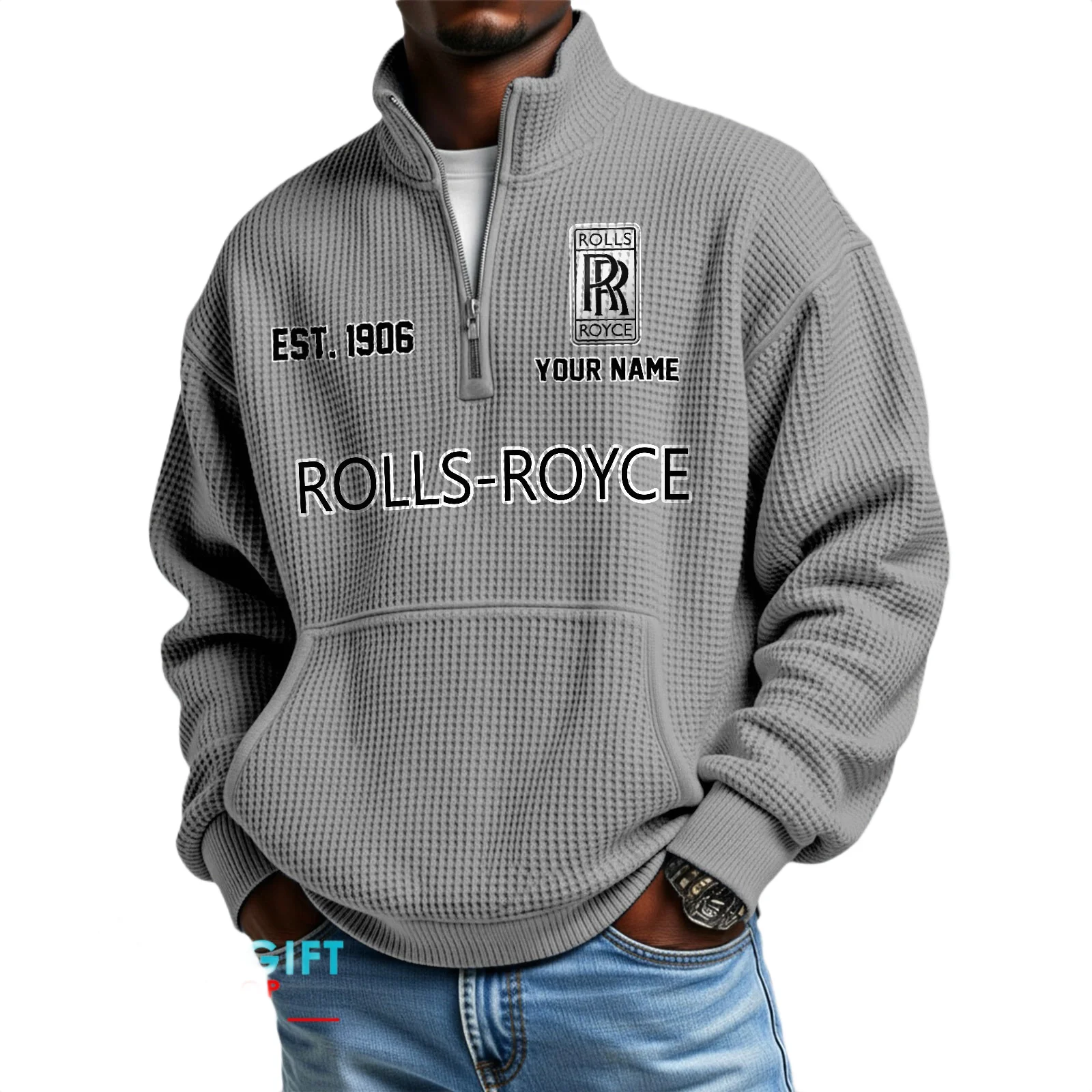 Rolls Royce Men’s Quarter Zip Waffle Knit Pullover Sweatshirt Customize Name Rolls Royce Men’s Quarter Zip Waffle Knit Pullover Sweatshirt Customize Name