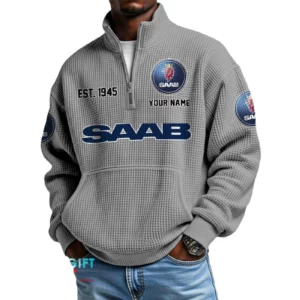 Saab Men’s Quarter Zip Waffle Knit Pullover Sweatshirt Customize Name