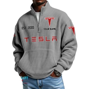 Tesla Men’s Quarter Zip Waffle Knit Pullover Sweatshirt Customize Name