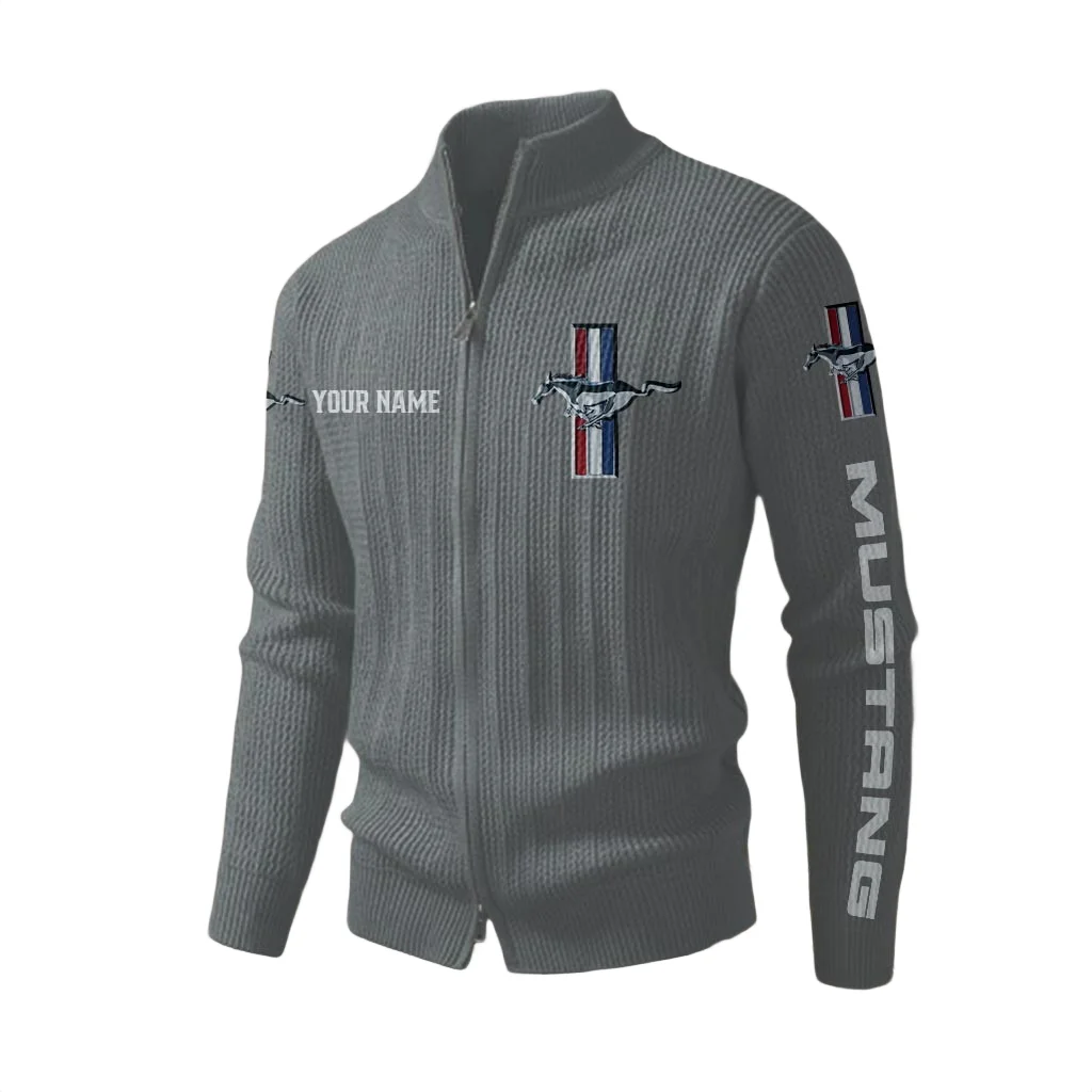 Ford Mustang Men's Two Way Zip Knit Cardigan Sweater Stand Collar Ford Mustang Men's Two Way Zip Knit Cardigan Sweater Stand Collar