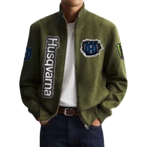 Husqvarna Motorcycles Men's Suede Bomber Jackets Stand Collar Long Sleeve Dressy Pockets