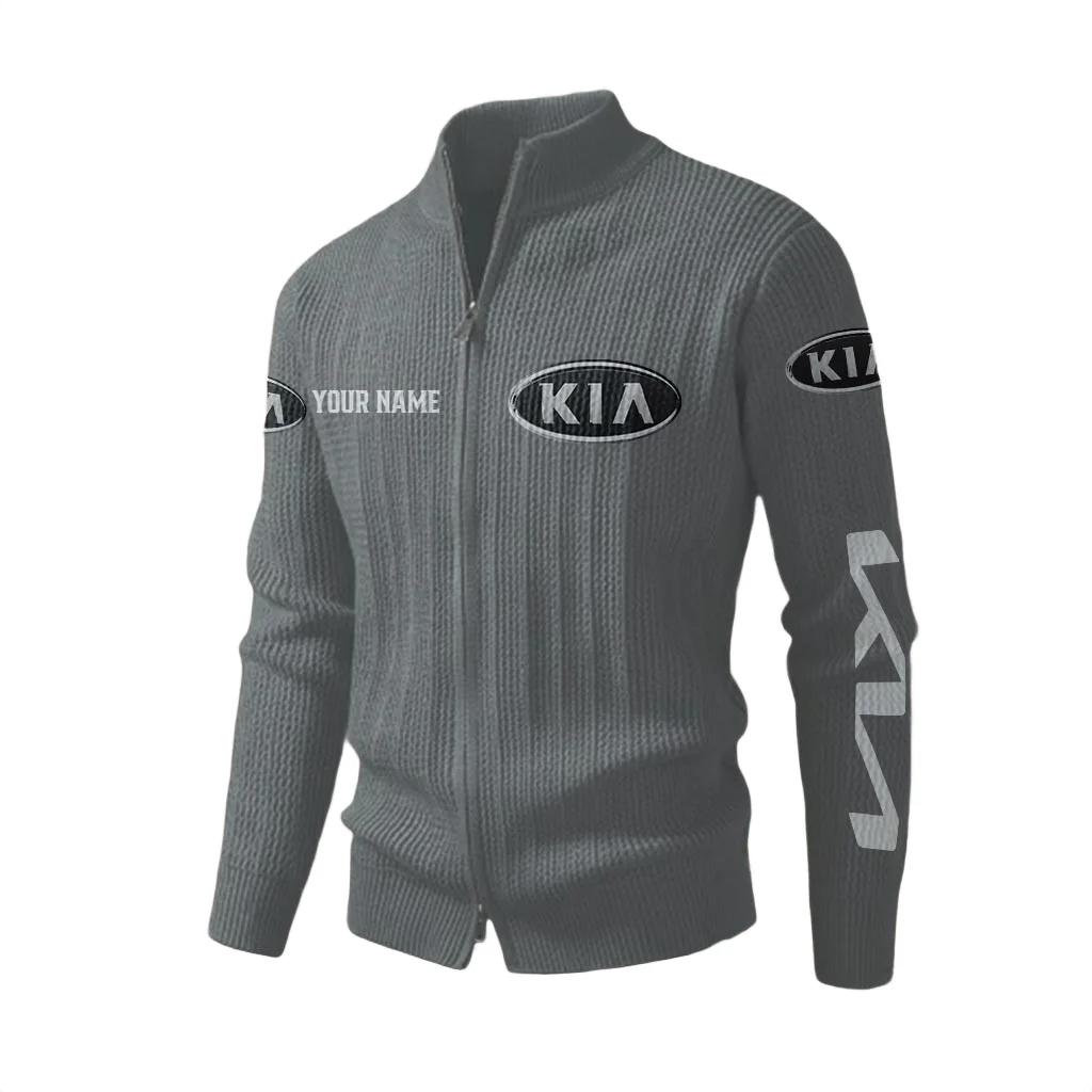 KIA Car Men's Two Way Zip Knit Cardigan Sweater Stand Collar KIA Car Men's Two Way Zip Knit Cardigan Sweater Stand Collar