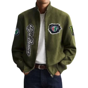 Alfa Romeo Men's Suede Bomber Jackets Stand Collar Long Sleeve Dressy Pockets