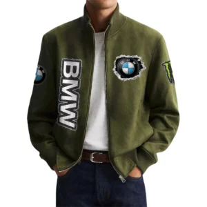 BMW Men's Suede Bomber Jackets Stand Collar Long Sleeve Dressy Pockets