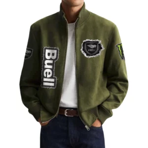 Buell Motorcycles Men's Suede Bomber Jackets Stand Collar Long Sleeve Dressy Pockets