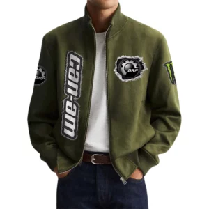 Can Am BRP Men's Suede Bomber Jackets Stand Collar Long Sleeve Dressy Pockets